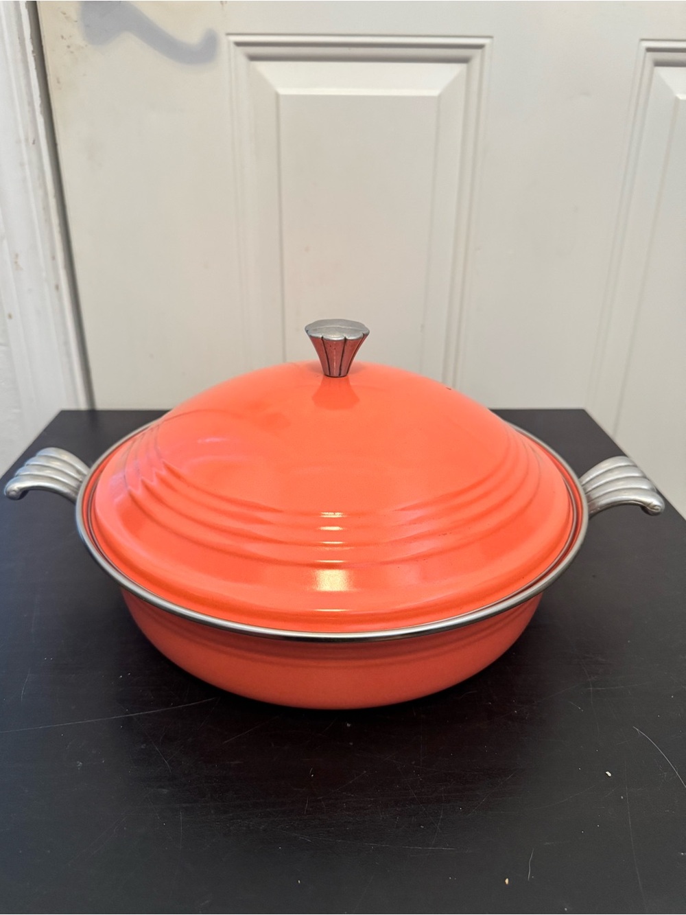 Vintage Enamel Fiesta 6 Qt 12” Persimmon Salmon Cook Pot w/ Lid Aluminum Handle